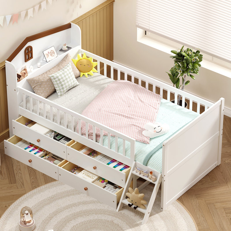 Twin Bed Frame With Storage 4 Drawers,Wooden Bed Frame For Kids,Platform Twin Size Bed With Guardrail Headboard And Ladder