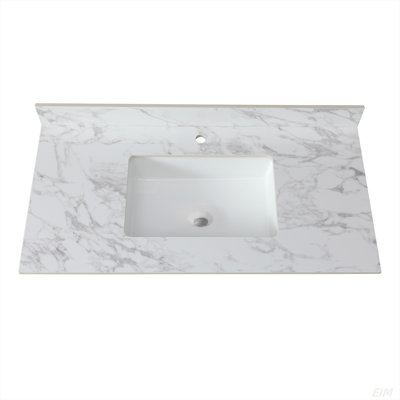 Dessus de meuble-lavabo 43 po x 22 po, comptoir en pierre frittée blanc Carra avec lavabo rectangulaire encastré en céramique avec dosseret de meuble-lavabo et comptoir