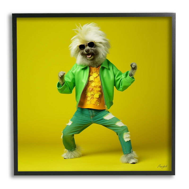 Az-163-encadré chien dansant vert par Roozbeh, Giclée encadrée noir minuit, H 17 po x l 17 po x P 1,5 po