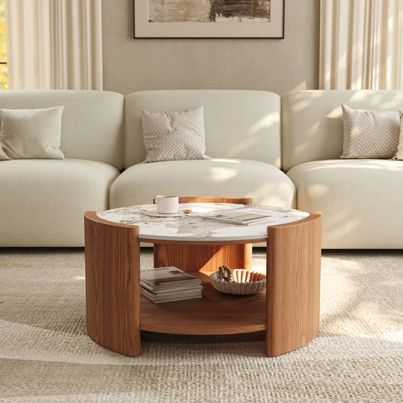 Table basse ronde en pierre frittée avec tablette de rangement, H 15 po x L 39 po x l 39 po, Pandora, Brun