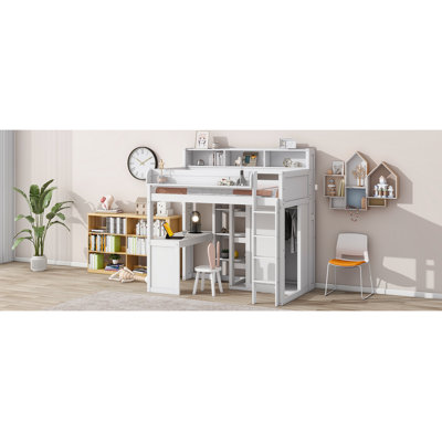 Wood Loft Bed With Multiple Storage Shelves And Wardrobe by Harriet Bee
