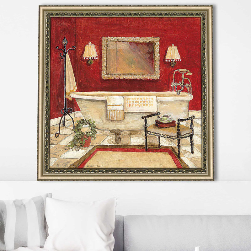 «Salon Rouge IV» par Charlene Olson, H 37,5 po x l 37,5 po x P 1 po, Encadrement champagne