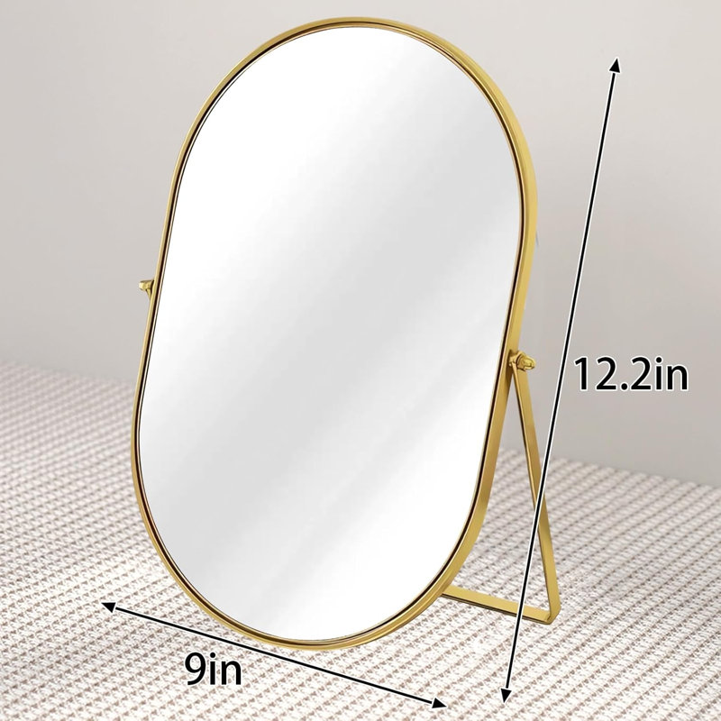 Miroir de table de salle de bain Miroir de maquillage ovale à rotation réglable à 90 ° avec cadre en métal doré Miroirs sur pied pour salle de bain