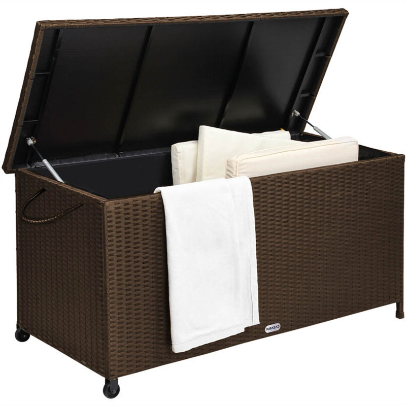 Symple Stuff 122cm W 300L Water Resistant Wicker Lockable Deck Box with Wheels, Brown