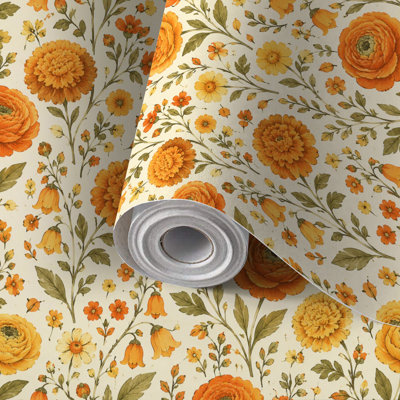 Papier auto-adhésif à motif de papier peint à motif de roses jaunes et oranges auto-adhésives et amovibles 17,7 po x 118 po (45 x 300 cm)