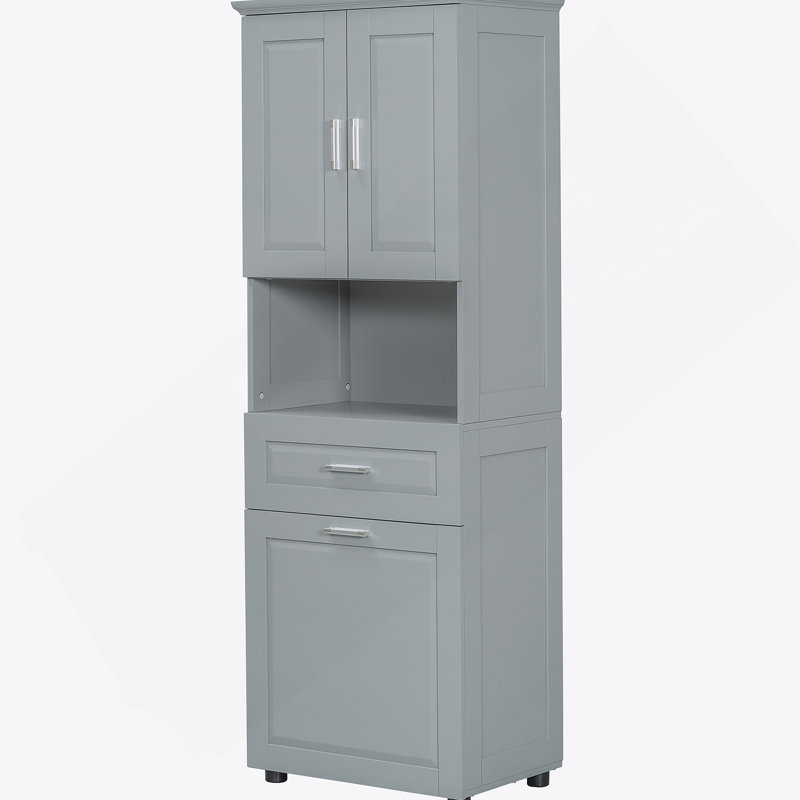 Grande armoire de salle de bain avec panier à linge, grand espace de rangement, Gris