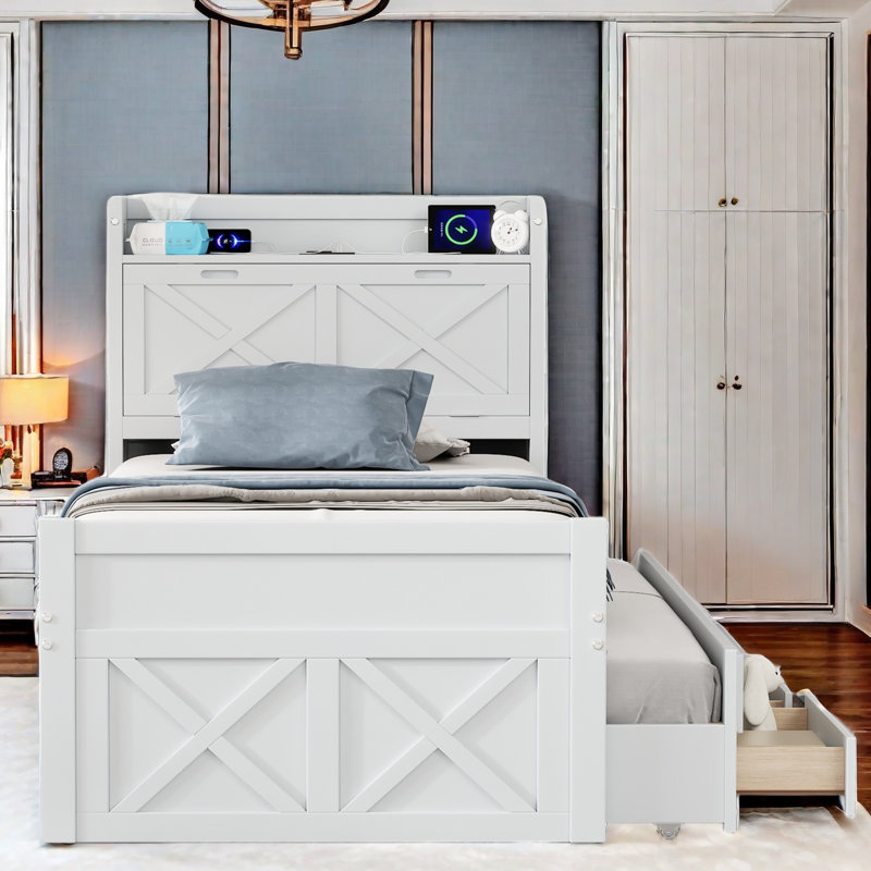 Lit en bois Roly avec tête de lit de rangement, lit gigogne, trois rangements et prises, Lit simple, Blanc
