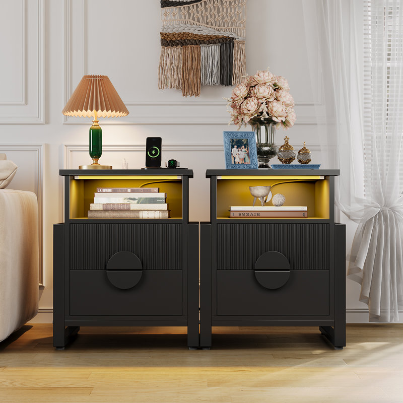 Lark Manor™ 2-Drawer Fluted Nightstand With With Charging Station And Led Light,With H Metal Legs Bedside Table(Set Of 2)