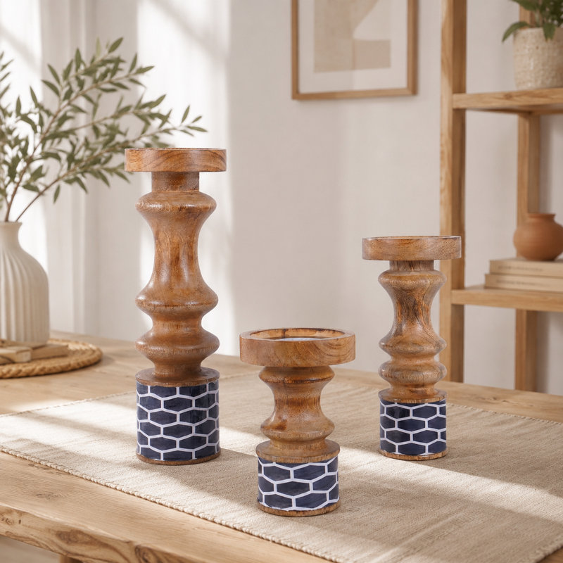  Handcrafted Mango Wood Pillar Candle Holder Set of 3 , Blue