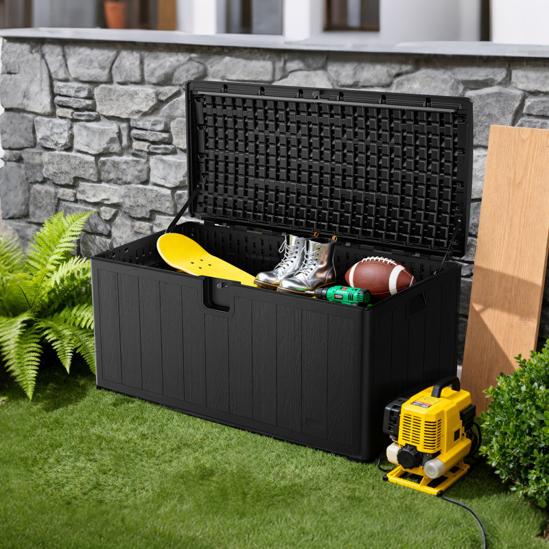 Jeko&Jeko 110 Gallon Outdoor Storage Box – Large Plastic Deck Box With Lockable Lid For Patio Furniture, Garden Supplies, And Shoes, Black