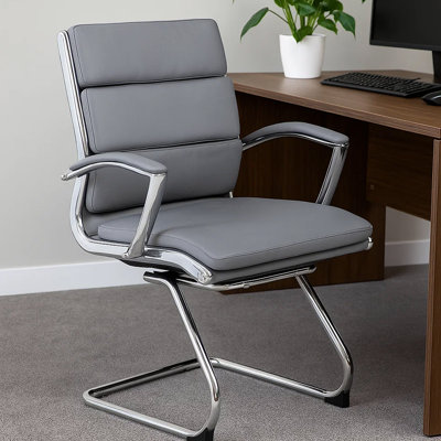 Fauteuil d'invité de direction Kim avec base en porte-à-faux en métal chromé, vinyle gris