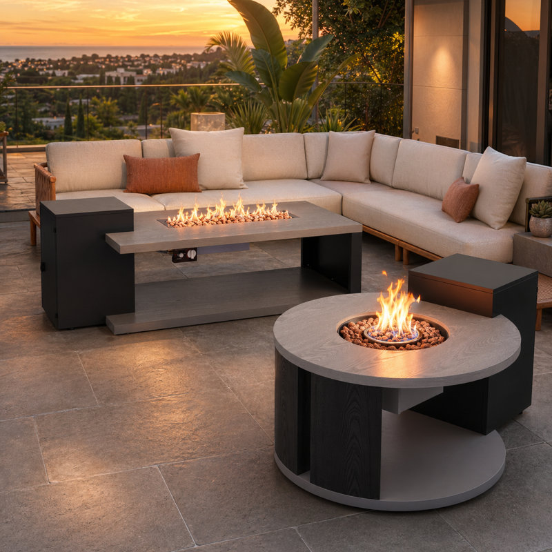 Ensemble 2 pièces de table de foyer d'extérieur au propane avec tables rectangulaires et rondes, production de chaleur de 50 000 BTU, rangement de réservoir caché, couvercle de brûleur, pierres de lave et housse de pluie