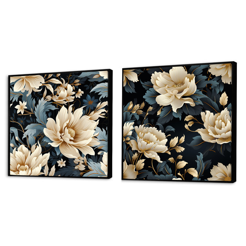 Ipomee - Ensemble de 2 collages carrés floraux, Cadre flottant noir, H 16 po x l 33 po