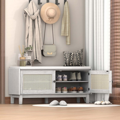 Boho Rattan Entryway Bench With Storage, Cushioned Shoe Organizer For Hallways And Living Rooms, Gray Wash+Beige