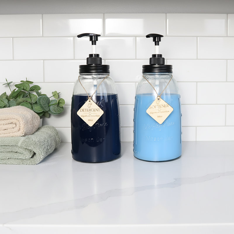 Set of 2 Refillable 50oz Farmhouse Mason Jar Style Glass Containers for Laundry Detergent, Soap, or Liquid Storage