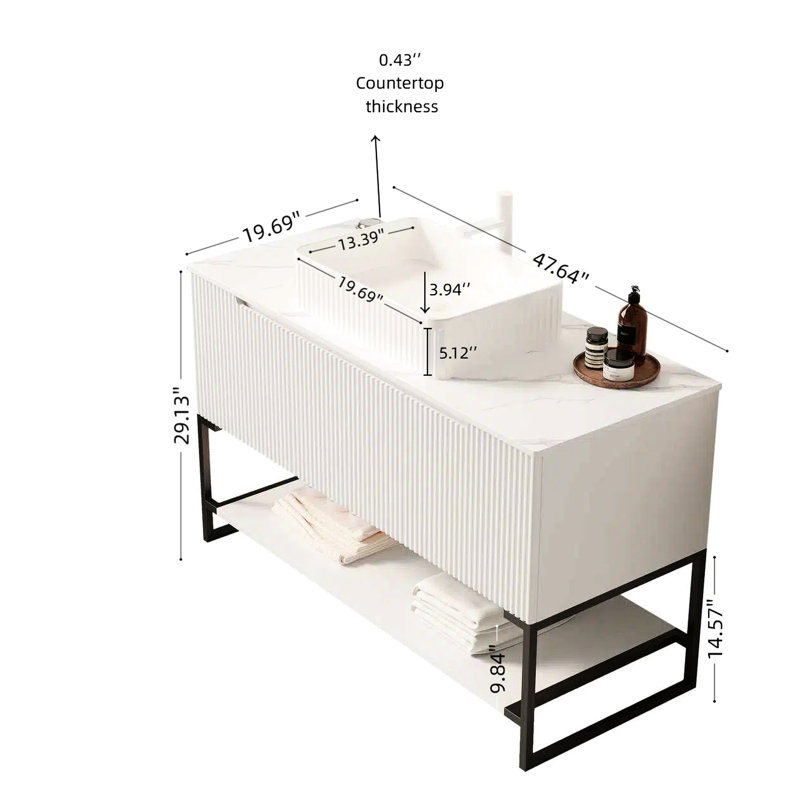 Meuble-lavabo de 48 po de style romantique français avec lavabo vasque, 3 portes, tablette ouverte, lavabo en céramique blanche de haute qualité et comptoir en pierre frittée