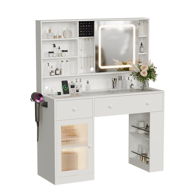 Lighted Vanity Table - LED 3-Color Touch Mirror, Glass Top, 2 Drawers, White