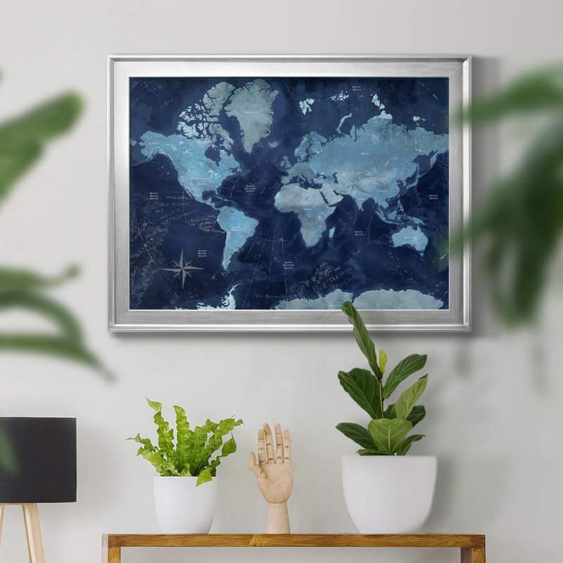 Carte du monde - impression encadrée, H 18,5 po x l 24,5 po x P 1,5 po, Toile avec cadre argenté, Pas de tapis