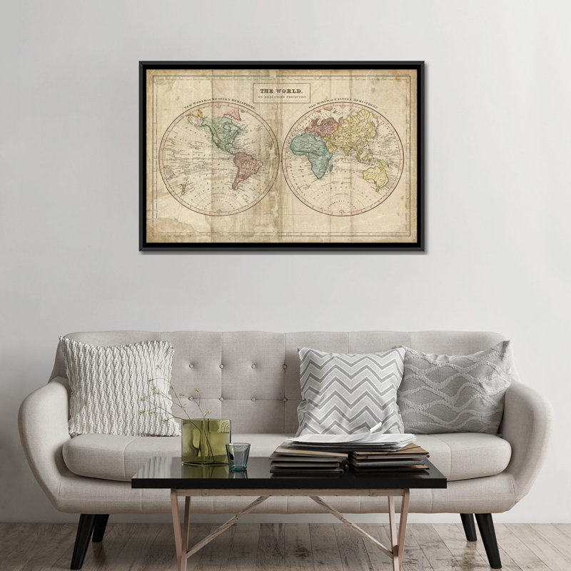 « old world (eastern hemisphere), new world (western hemisphere) », impression sur toile tendue, Toile avec cadre noir