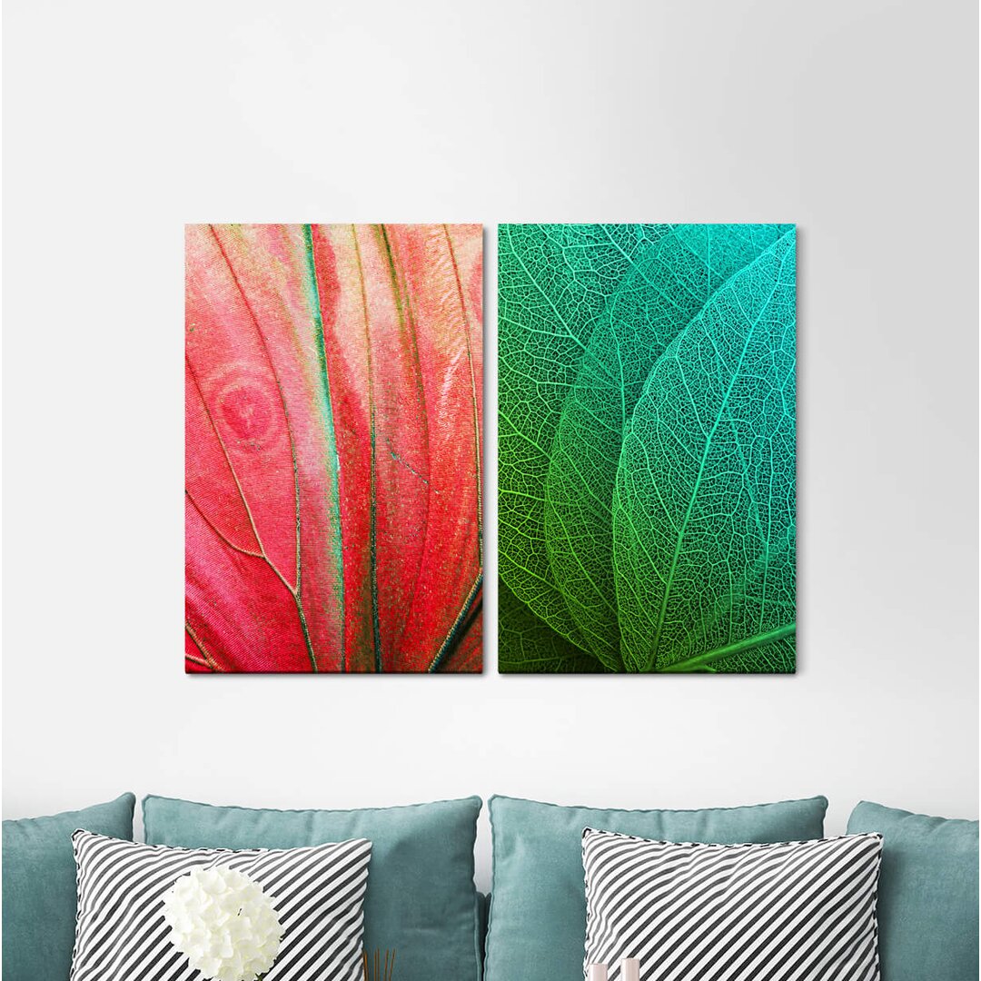 2-tlg. Leinwandbilder-Set - Grafikdruck „Butterfly Wings Green Leaf Structure Noticeable”