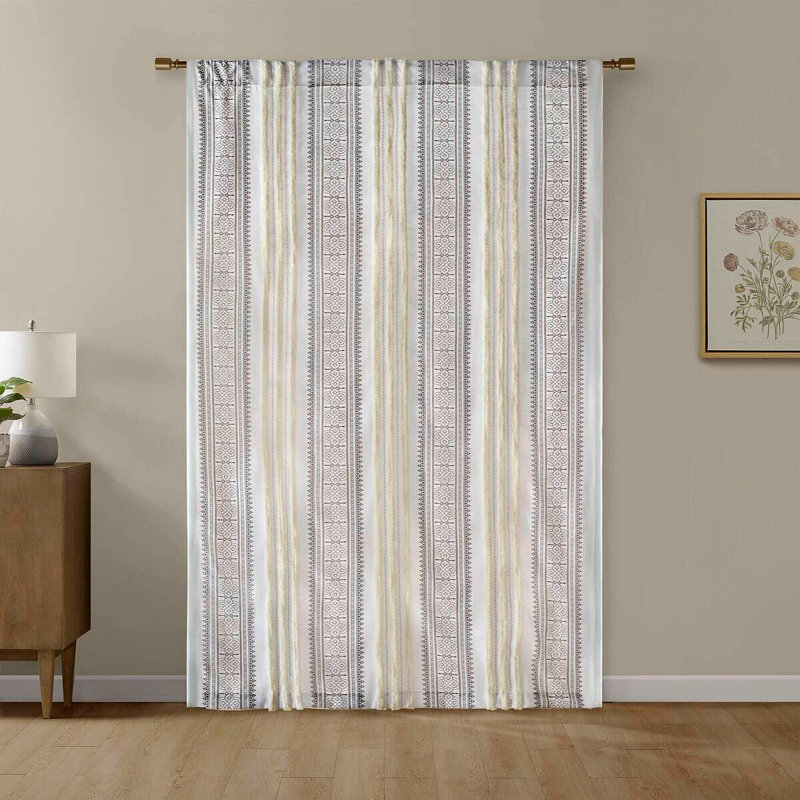 Panneau de rideau imprimé poly avec rayure et doublure touffetées 50 po x 84 po, Ivoire ivoire, L 50 po x L 84 po