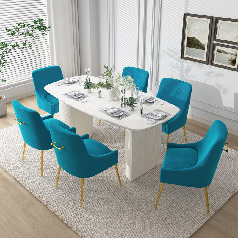 Ensemble de table de salle à manger moderne 6 personnes avec chaises en velours Hillory, Bleu clair