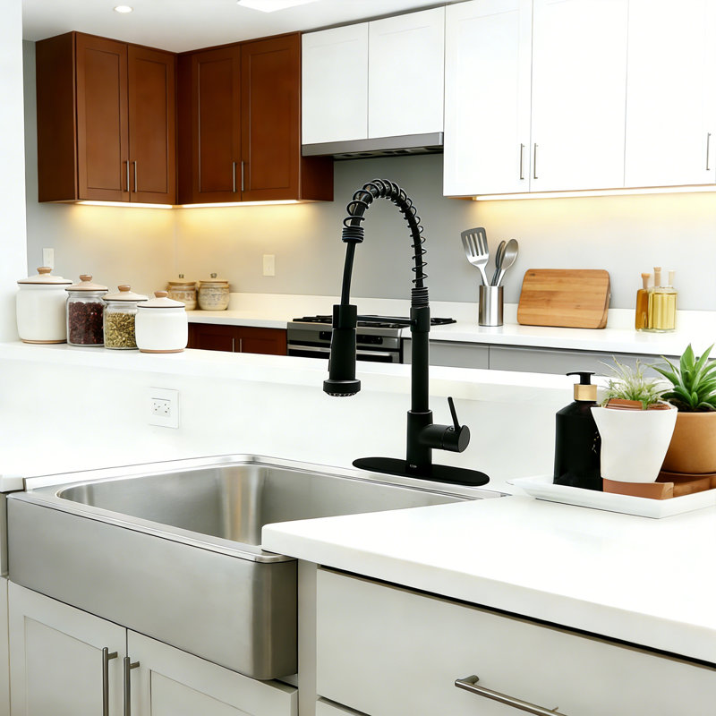 JS Pull Out Kitchen Faucet with Deck Plate 2 Spray Modes, Matte Black