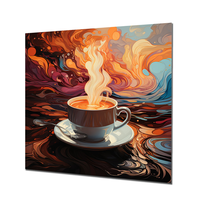 «Yellow Steaming Cup Of Coffee III» - art mural en métal café, H 16 po x l 16 po x P 1 po