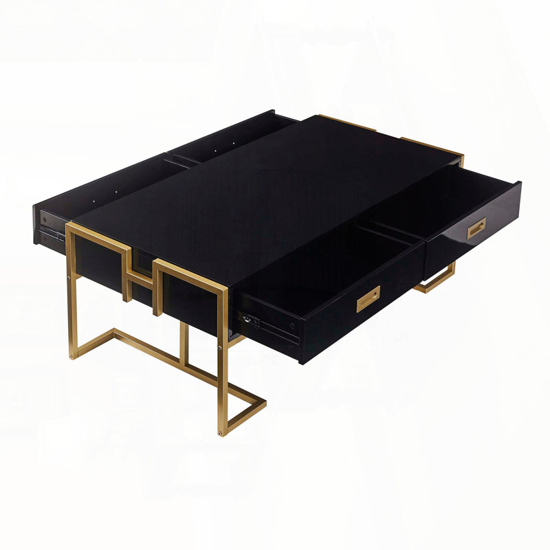 Table basse rectangulaire avec 4 tiroirs et base dorée - noir, 47,3 po