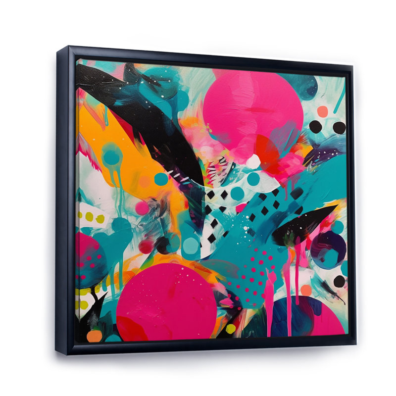 Art abstrait sur toile rose et turquoise abstraite I, Cadre flottant noir, H 36 po x l 36 po x P 1,5 po