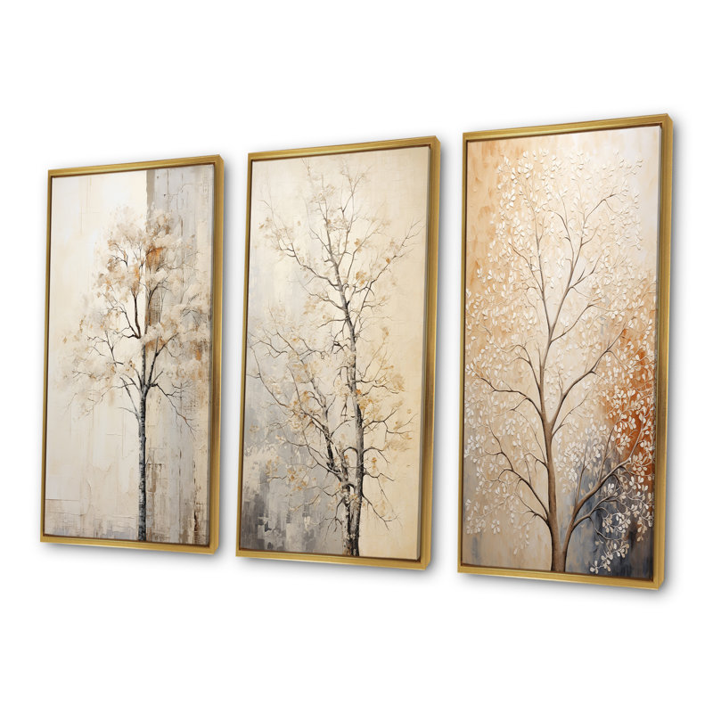 «Beige Trees Oak Solitude», ensemble de 3 reproductions d'art mural, Cadre flottant doré, H 28 po x l 36 po