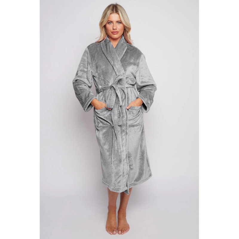 Flannel Mid-Calf Bathrobe with Pockets, Grey