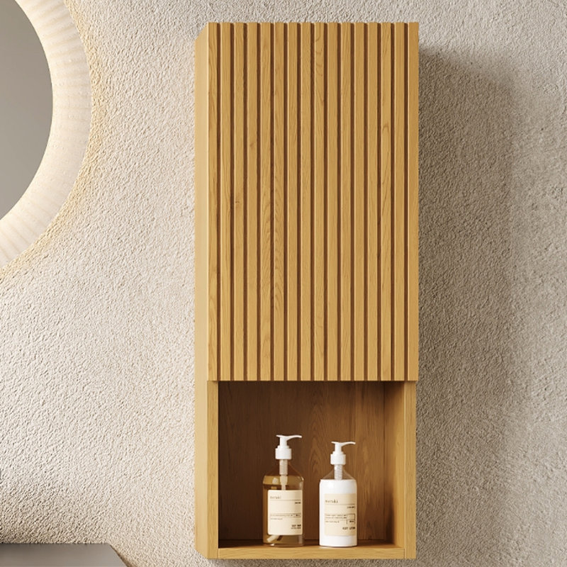 Armoire de salle de bain étroite de 59 po de hauteur - avec portes et tablettes en chêne pour petits espaces fixés au mur pour une utilisation durable
