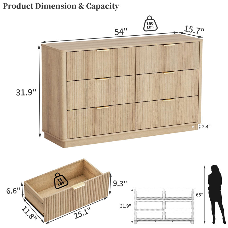 54" Wide Modern Chest Of Drawers With Lighting,Fluted Dresser For Bedroom With 6 Drawers,, Yellow