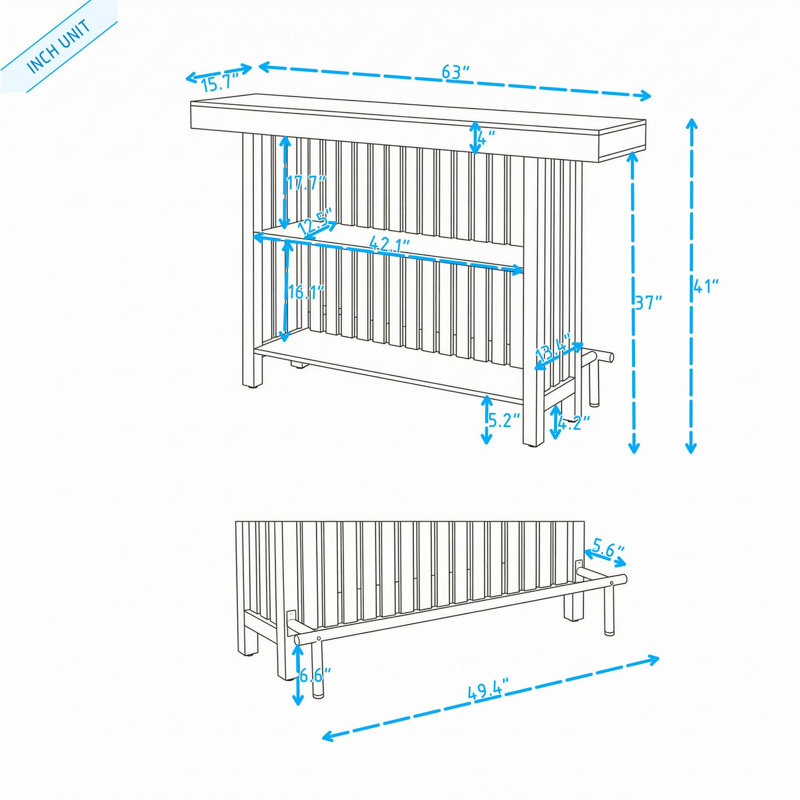 Buffet moderne à hauteur de comptoir avec rangement ouvert à 2 niveaux, plateau imitation marbre, repose-pieds en métal pour petits espaces
