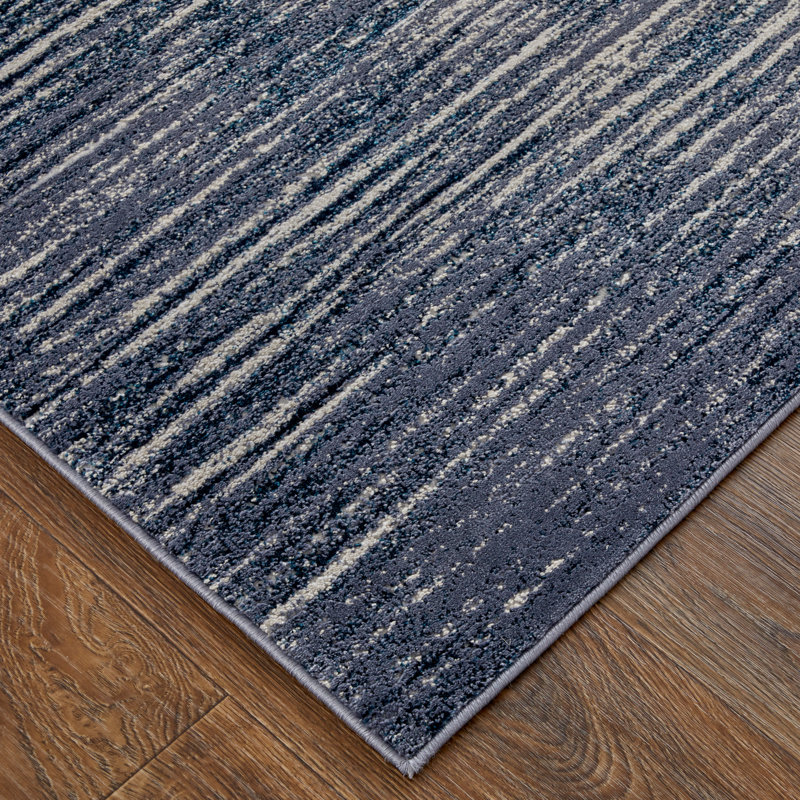 Tapis rayé en polyester tissé à la machine bleu / gris / ivoire, Rectangle de 5 pi x 8 pi