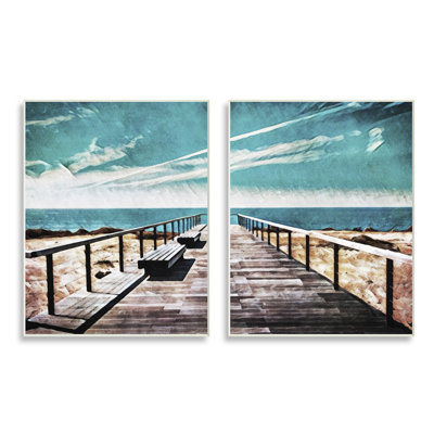 Tranquil Pier Dock Beach Clear Blue Sky Illustration par Ashley Aldridge - ensemble de 2 peintures