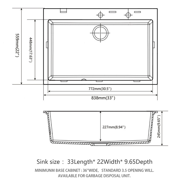 Évier de cuisine encastré en granite noir 33 po x 22 po | Idée de cadeau