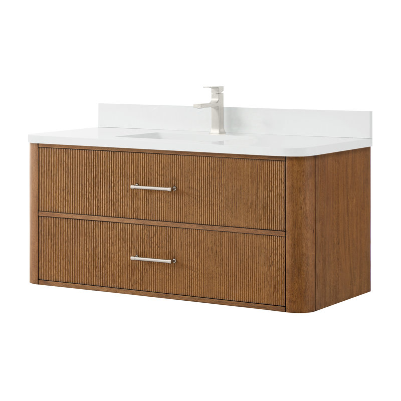 Ensemble de meuble-lavabo mural simple 48 po Francesca, Brun, Nickel brossé, Quartz blanc