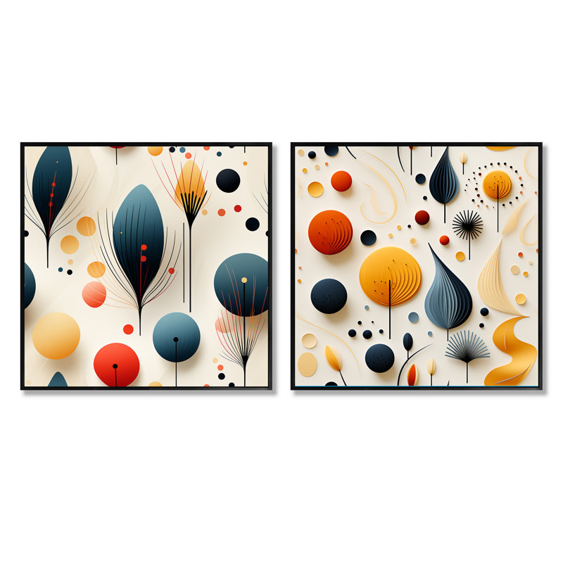 Jardin éclectique moderne multicolore - formes abstraites carrées, ensemble de 2 carrés, Cadre flottant noir