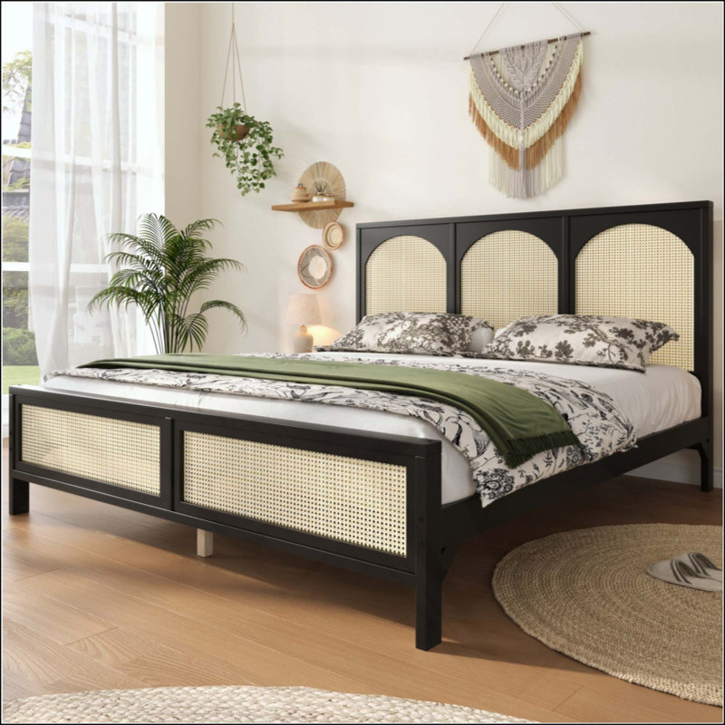 Lit plateforme en bois avec tête et pied de lit en rotin, Noir, Grand lit