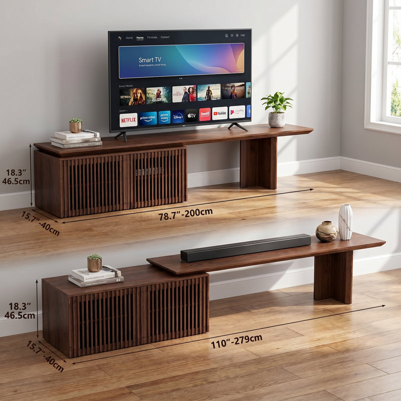 Extendable Retractable Wooden TV Stand, Storage Credenza Media Console Cabinet with Storage，Walnut, Walnut