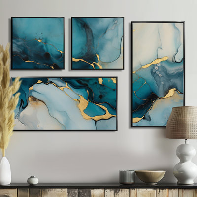 Décoration murale en marbre turquoise infusé d'or IV - grandes fractales 4 pièces