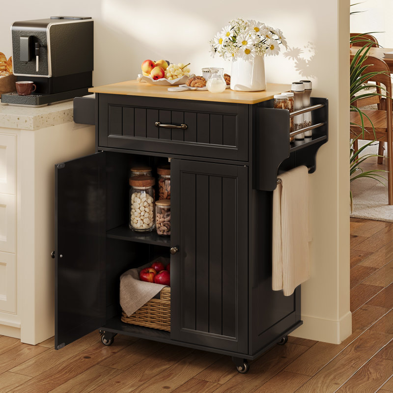 Solid Wood Top Rolling Kitchen Cart with Drawer, Storage Cabinet, Adjustable Shelf, Locking Wheels, Spice Rack & Towel Rack