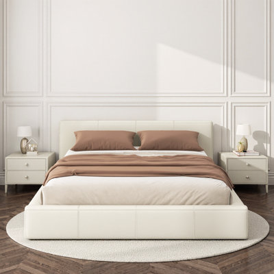 Structure de lit rembourrée en similicuir beige moderne - double, grand, très grand | Aucun sommier tapissier requis