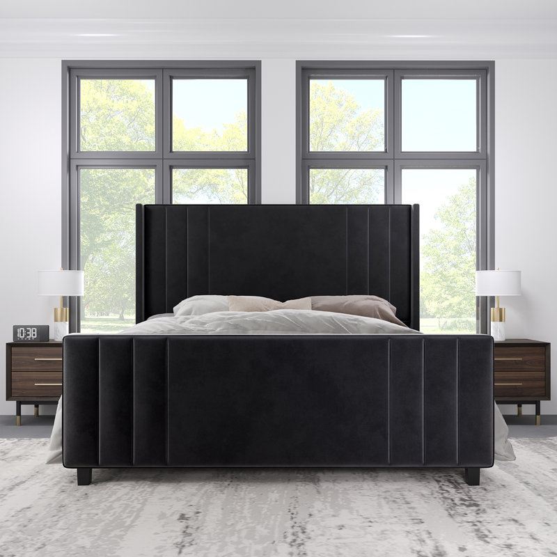 Tole Velvet Queen Size Upholstered Platform Bed with Vertical Channel Tufted Headboard,Black, Queen, Black