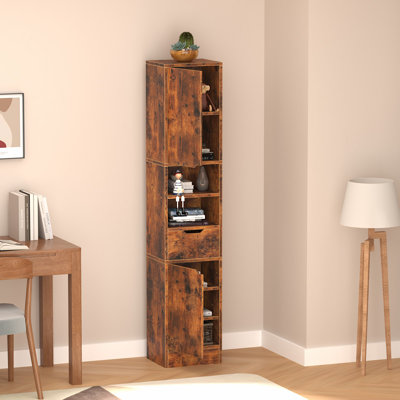 8 Tier Wooden Bookshelves and Bookcases with 2 Doors and 1 Drawer,Floor Standing Display Storage Shelves for Home