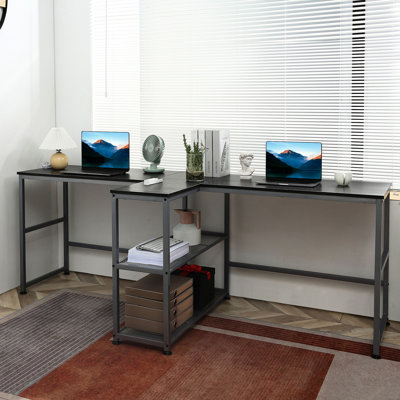 Bureau double 83 po pour espace de travail, noir. Comprend 2 tablettes de rangement et un bureau à structure stable, 83 po, est livré avec une construction spacieuse