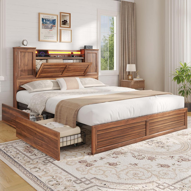 Base de lit grand de style ferme avec tête de lit et armoires de rangement, cadre de lit plateforme en bois avec 4 tiroirs, aucun sommier nécessaire, brun
