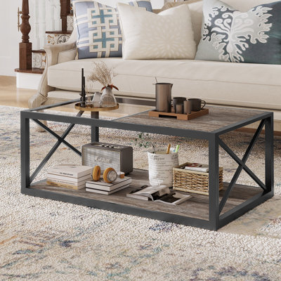 Table basse moderne pour chambre à coucher et salon, verre trempé et panneau de fibres à densité moyenne rustique, table basse de style industriel